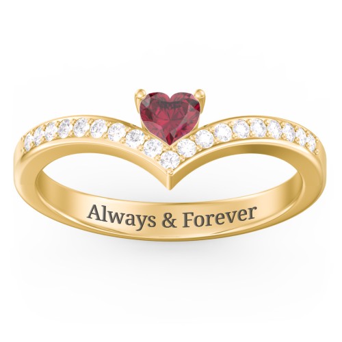 Heart Birthstone V-Shape Ring With Accents – 10K Yellow Gold with Ruby and White Premium Zirconia