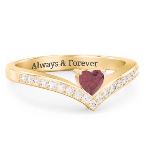 Heart Birthstone V-Shape Ring With Accents – 10K Yellow Gold with Ruby and White Premium Zirconia