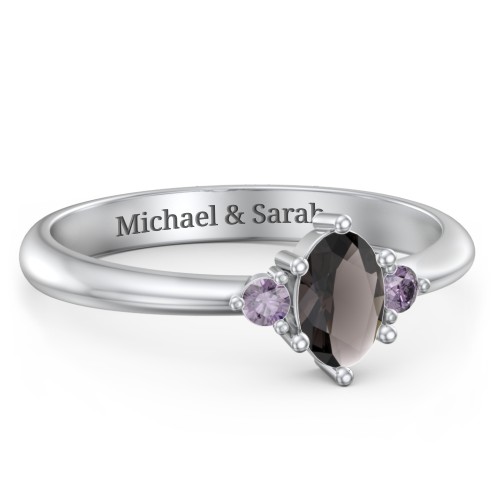 Oval Birthstone Ring with Accents – Sterling Silver with Smokey Quartz and Alexandrite