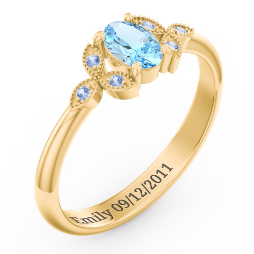 Oval Birthstone Ring With Petal Accents – 18K Gold Plated Silver with Blue Topaz and Fancy Blue Premium Zirconia