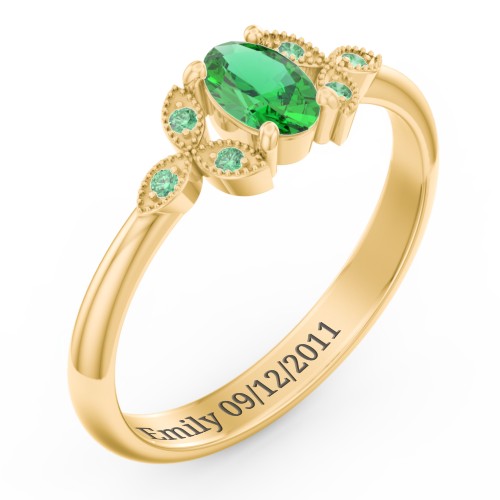 Oval Birthstone Ring With Petal Accents – 18K Gold Plated Silver with Emerald and Green Premium Zirconia
