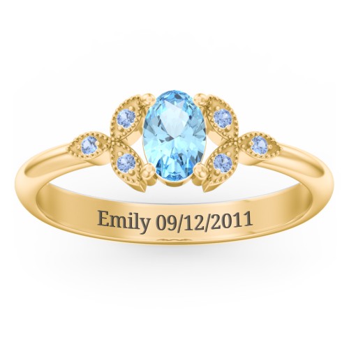 Oval Birthstone Ring With Petal Accents – 18K Gold Plated Silver with Blue Topaz and Fancy Blue Premium Zirconia
