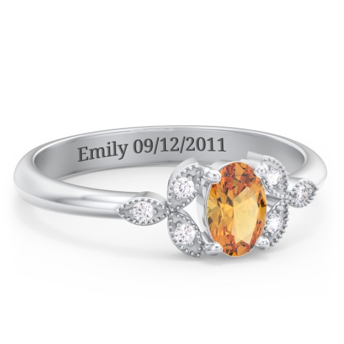 Oval Birthstone Ring With Petal Accents