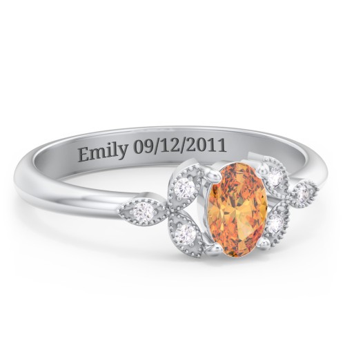 Oval Birthstone Ring With Petal Accents