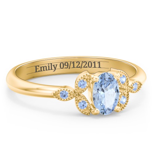 Oval Birthstone Ring With Petal Accents – 18K Gold Plated Silver with Aquamarine and Fancy Blue Premium Zirconia
