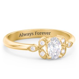Oval Birthstone Ring With Petal Accents in 18K Gold Plated Silver with Diamond