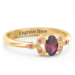 Oval Birthstone Ring With Petal Accents in 18K Gold Plated Silver with Ruby and Red Premium Zirconia