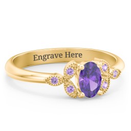Oval Birthstone Ring With Petal Accents in 18K Gold Plated Silver with Amethyst and Amethyst Premium Zirconia