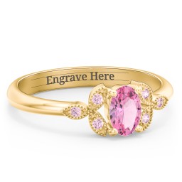 Oval Birthstone Ring With Petal Accents in 18K Gold Plated Silver with Pink Tourmaline and Fancy Pink Premium Zirconia