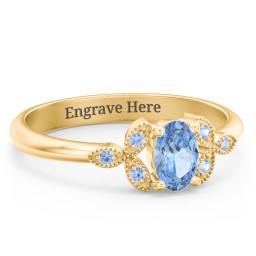 Oval Birthstone Ring With Petal Accents in 18K Gold Plated Silver with Blue Topaz and Fancy Blue Premium Zirconia