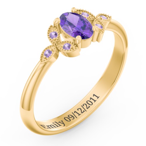 Oval Birthstone Ring With Petal Accents – 18K Gold Plated Silver with Amethyst and Amethyst Premium Zirconia
