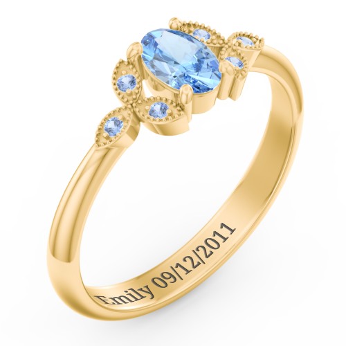 Oval Birthstone Ring With Petal Accents – 18K Gold Plated Silver with Blue Topaz and Fancy Blue Premium Zirconia
