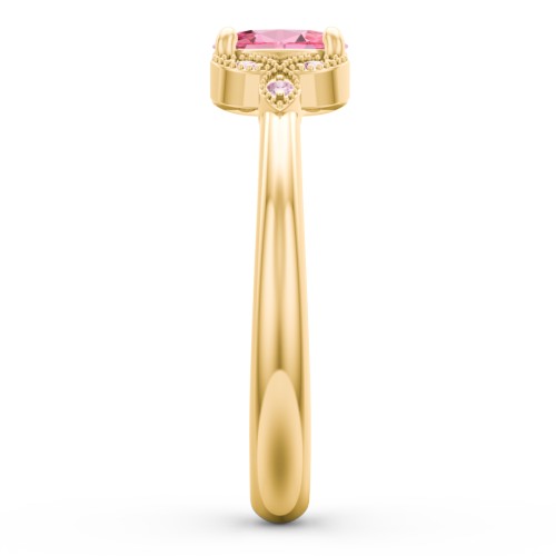 Oval Birthstone Ring With Petal Accents – 18K Gold Plated Silver with Pink Tourmaline and Fancy Pink Premium Zirconia