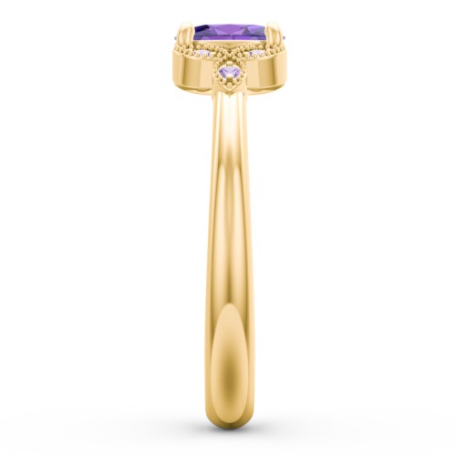 Oval Birthstone Ring With Petal Accents – 18K Gold Plated Silver with Amethyst and Amethyst Premium Zirconia