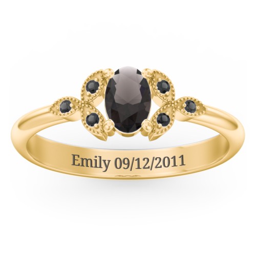 Oval Birthstone Ring With Petal Accents – 18K Gold Plated Silver with Smokey Quartz and Black Premium Zirconia