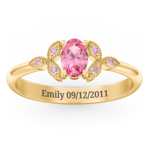 Oval Birthstone Ring With Petal Accents – 18K Gold Plated Silver with Pink Tourmaline and Fancy Pink Premium Zirconia
