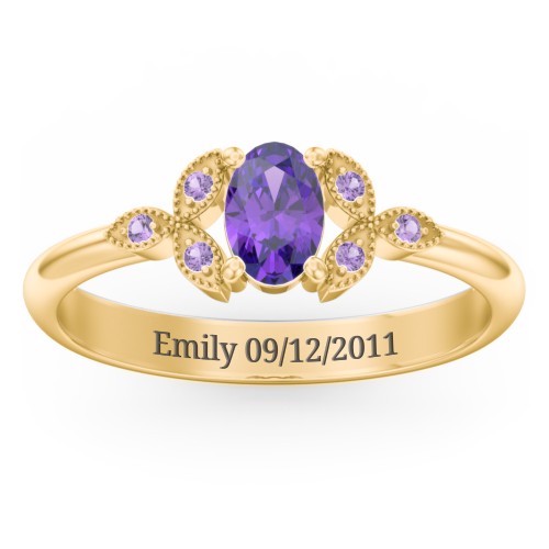 Oval Birthstone Ring With Petal Accents – 18K Gold Plated Silver with Amethyst and Amethyst Premium Zirconia