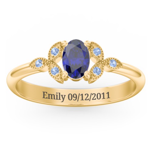 Oval Birthstone Ring With Petal Accents – 18K Gold Plated Silver with Blue Sapphire and Fancy Blue Premium Zirconia
