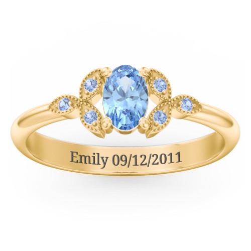 Oval Birthstone Ring With Petal Accents – 18K Gold Plated Silver with Blue Topaz and Fancy Blue Premium Zirconia