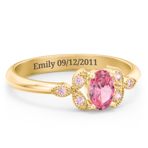Oval Birthstone Ring With Petal Accents – 18K Gold Plated Silver with Pink Tourmaline and Fancy Pink Premium Zirconia