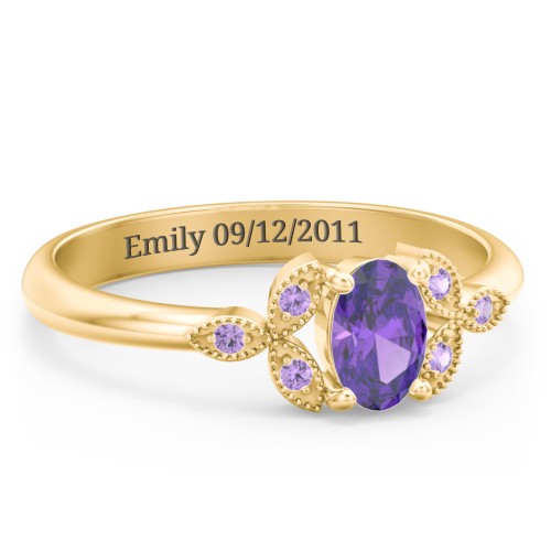 Oval Birthstone Ring With Petal Accents – 18K Gold Plated Silver with Amethyst and Amethyst Premium Zirconia