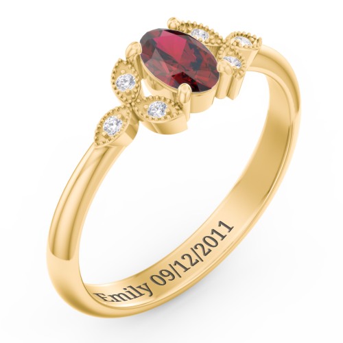 Oval Birthstone Ring With Petal Accents – 10K Yellow Gold with Garnet and White Premium Zirconia