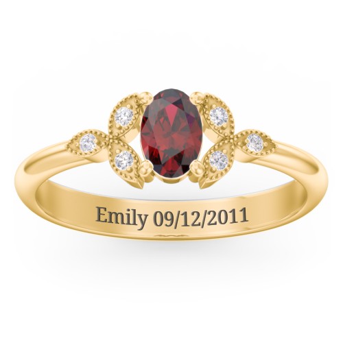 Oval Birthstone Ring With Petal Accents – 10K Yellow Gold with Garnet and White Premium Zirconia