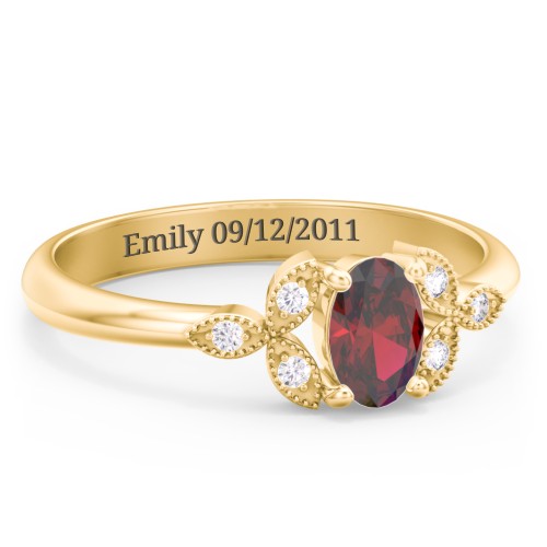 Oval Birthstone Ring With Petal Accents – 10K Yellow Gold with Garnet and White Premium Zirconia