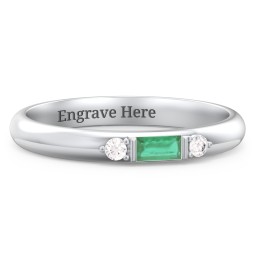 Stackable East-West Baguette Ring with Accents in 925 Sterling Silver with Emerald and White Premium Zirconia
