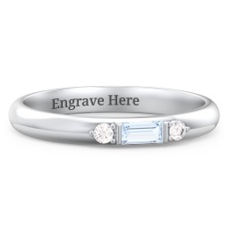 Stackable East-West Baguette Ring with Accents in 925 Sterling Silver with Aquamarine and White Premium Zirconia
