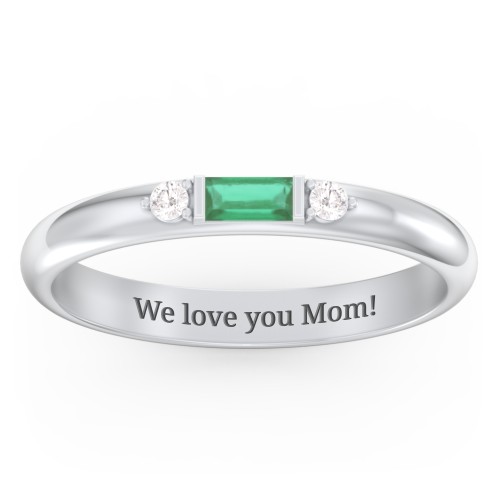 Stackable East-West Baguette Ring with Accents – Sterling Silver with Emerald and White Premium Zirconia