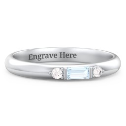 Stackable East-West Baguette Ring with Accents in 925 Sterling Silver with Aquamarine and White Premium Zirconia