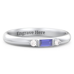 Stackable East-West Baguette Ring with Accents in 925 Sterling Silver with Blue Sapphire and White Premium Zirconia