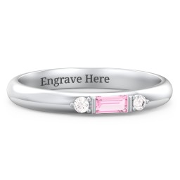 Stackable East-West Baguette Ring with Accents in 925 Sterling Silver with Pink Tourmaline and White Premium Zirconia