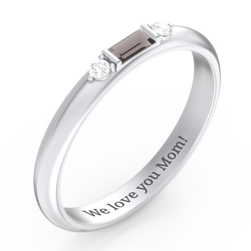 Stackable East-West Baguette Ring with Accents – Sterling Silver with Smokey Quartz and White Premium Zirconia