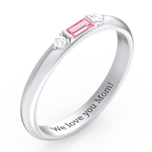 Stackable East-West Baguette Ring with Accents – Sterling Silver with Pink Tourmaline and White Premium Zirconia