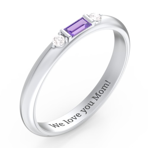 Stackable East-West Baguette Ring with Accents – Sterling Silver with Amethyst and White Premium Zirconia