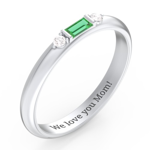 Stackable East-West Baguette Ring with Accents – Sterling Silver with Emerald and White Premium Zirconia