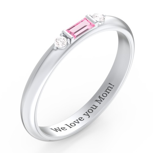 Stackable East-West Baguette Ring with Accents – Sterling Silver with Pink Tourmaline and White Premium Zirconia