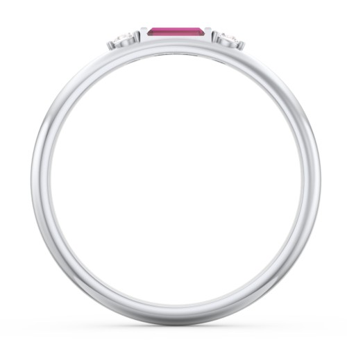 Stackable East-West Baguette Ring with Accents – Sterling Silver with Ruby and White Premium Zirconia
