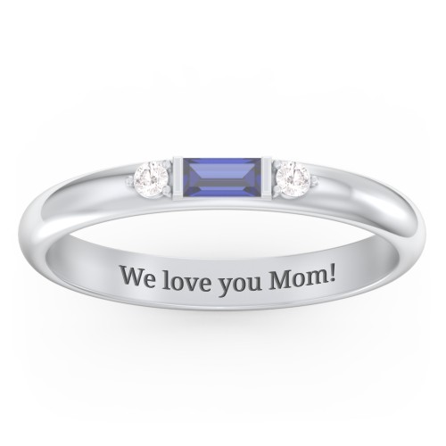 Stackable East-West Baguette Ring with Accents – Sterling Silver with Blue Sapphire and White Premium Zirconia
