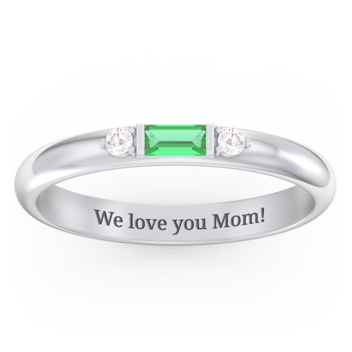 Stackable East-West Baguette Ring with Accents – Sterling Silver with Emerald and White Premium Zirconia