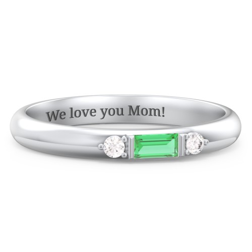 Stackable East-West Baguette Ring with Accents – Sterling Silver with Emerald and White Premium Zirconia