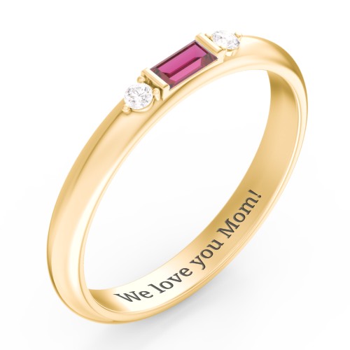 Stackable East-West Baguette Ring with Accents – 10K Yellow Gold with Ruby and White Premium Zirconia