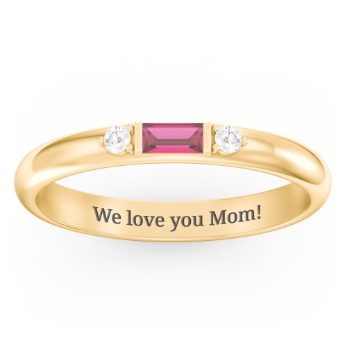 Stackable East-West Baguette Ring with Accents – 10K Yellow Gold with Ruby and White Premium Zirconia