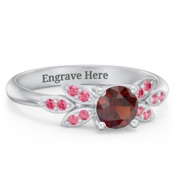 Round Birthstone Ring With Petal Accents