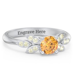 Round Birthstone Ring With Petal Accents