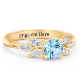 Round Birthstone Ring With Petal Accents in 18K Gold Plated Silver with Blue Topaz and Fancy Blue Premium Zirconia