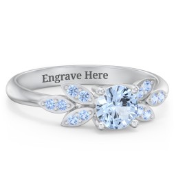 Round Birthstone Ring With Petal Accents in 925 Sterling Silver with Aquamarine and Fancy Blue Premium Zirconia
