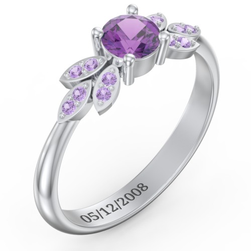 Round Birthstone Ring With Petal Accents – Sterling Silver with Amethyst and Amethyst Premium Zirconia